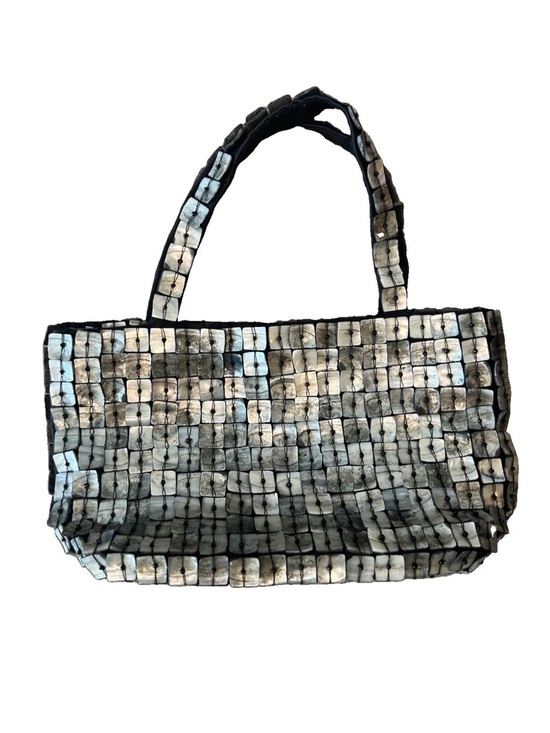 Vintage Handbags - Vintage Y2K Mother of Pearl Shell Tile Handbag Beaded Silver Mini Purse
